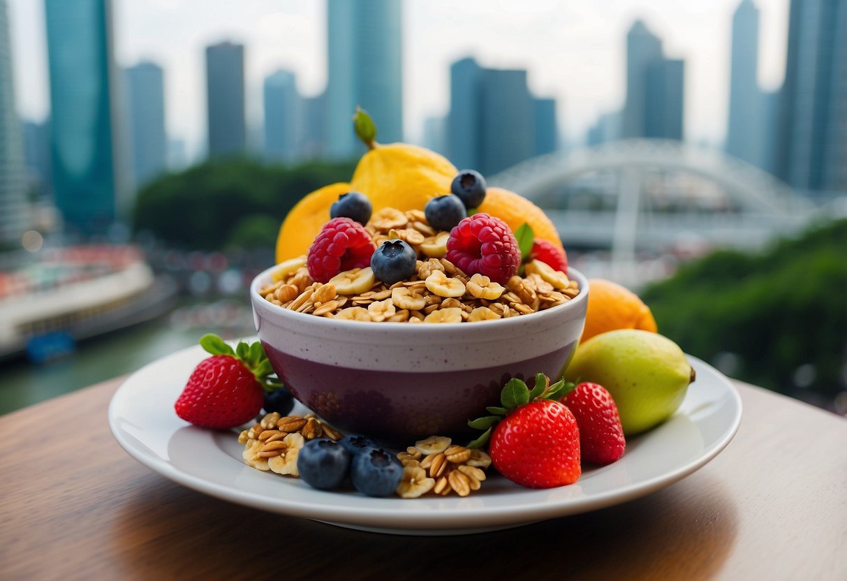 A colorful array of fresh fruits and granola atop a creamy acai base, set against a backdrop of bustling Singapore streets
