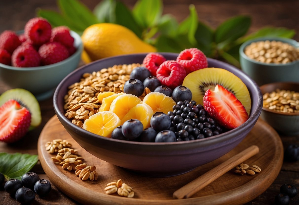 Acai bowl ingredients arranged on a wooden table with fresh fruits, granola, and honey, surrounded by vibrant tropical plants and acai berries