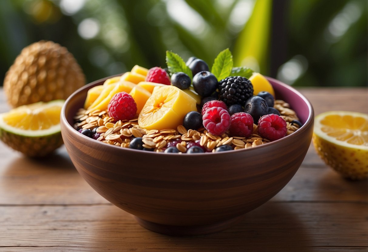 Acai bowl surrounded by tropical fruits and granola on a wooden table with a backdrop of lush greenery