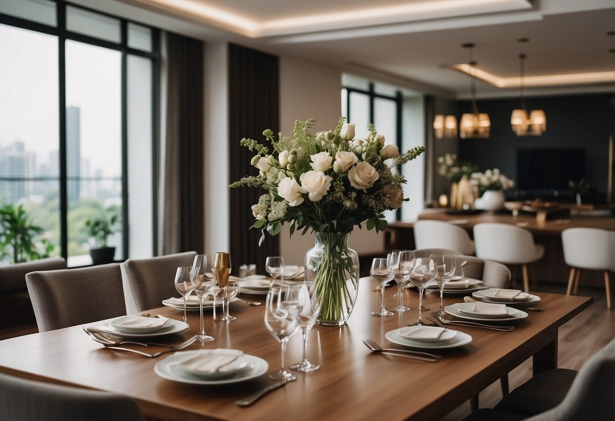 A dining table set with elegant cutlery and a vase of flowers, surrounded by modern chairs in a stylish Singaporean home