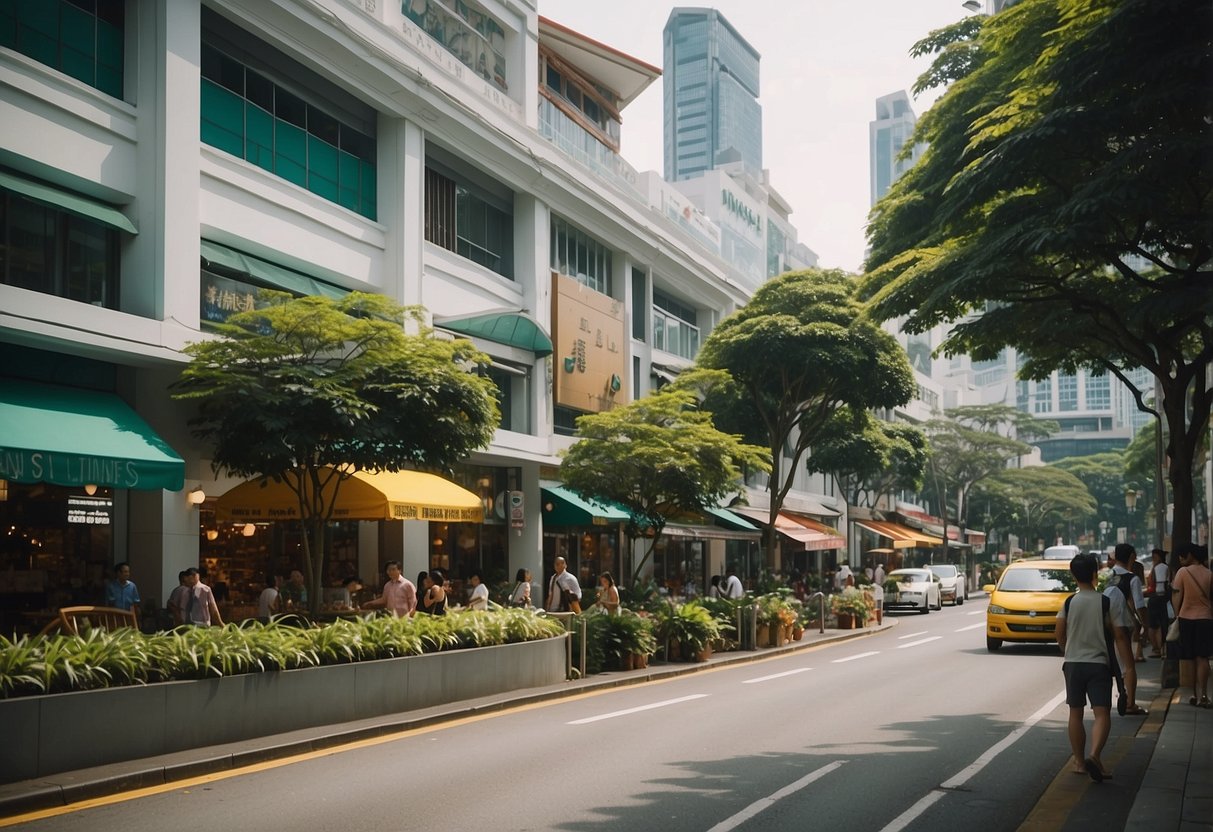 A bustling street in Singapore, with the iconic innisfree storefront surrounded by vibrant greenery and colorful signage