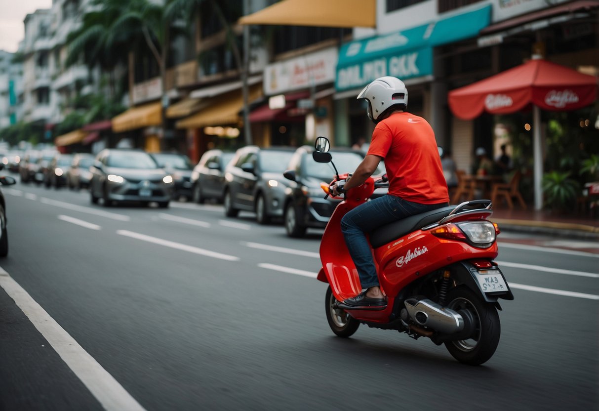 An airasia food delivery scooter speeds through the bustling streets of Singapore, weaving through traffic with efficiency and delivering meals to hungry customers