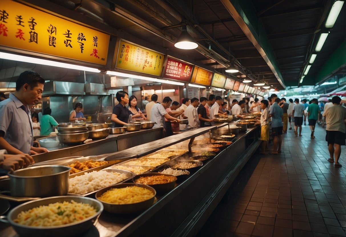 Colorful food stalls line the bustling hawker centre in Singapore. The aroma of sizzling dishes fills the air as people gather to enjoy a variety of local cuisine