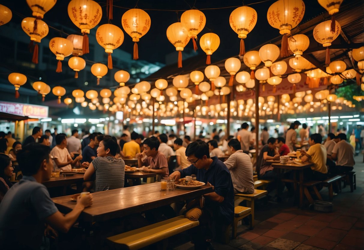 People enjoying food at colorful hawker stalls under bright lights in bustling Singapore hawker center