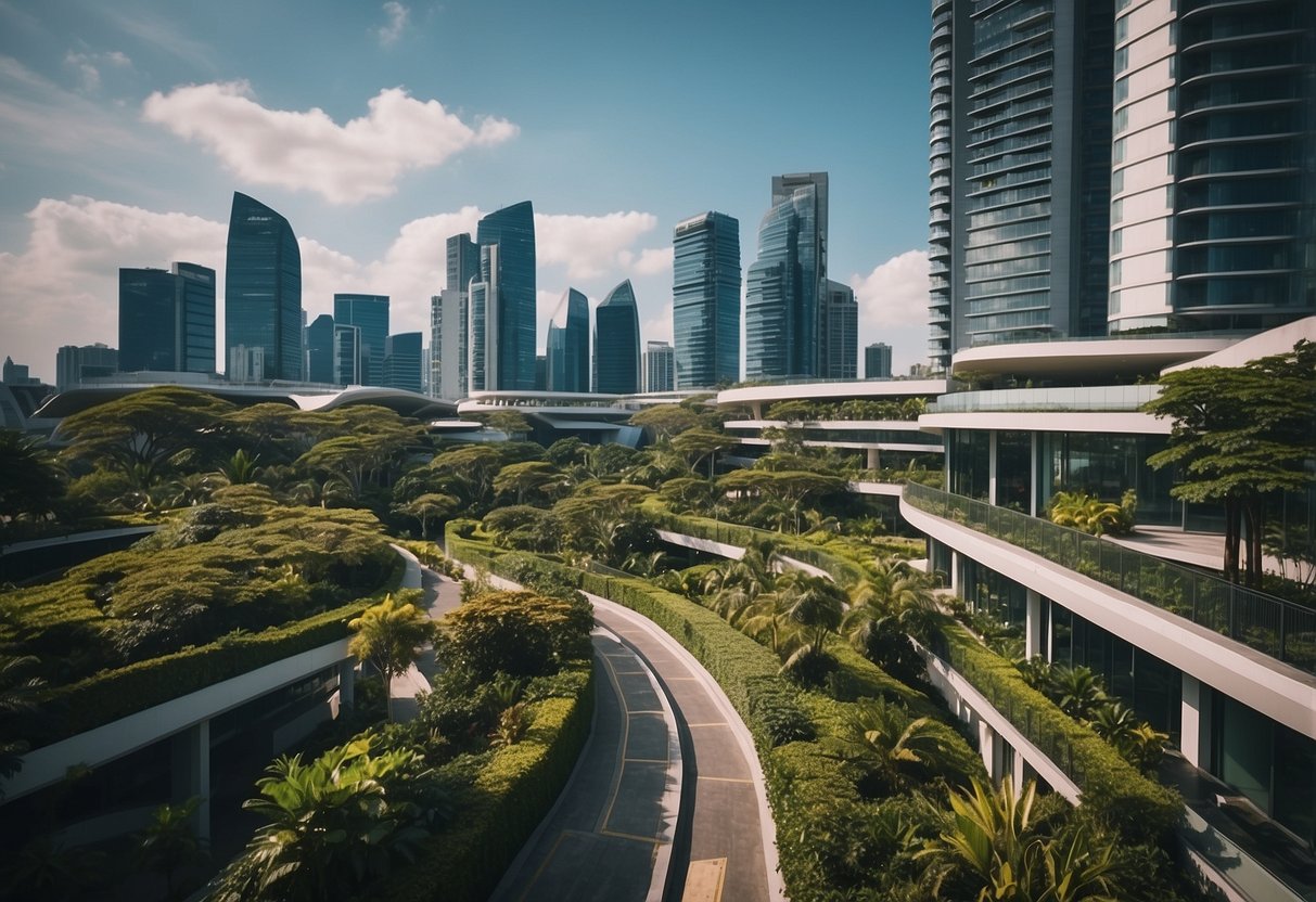 A bustling urban landscape with sleek modern buildings, lush greenery, and a vibrant city atmosphere at Lyf One North Singapore