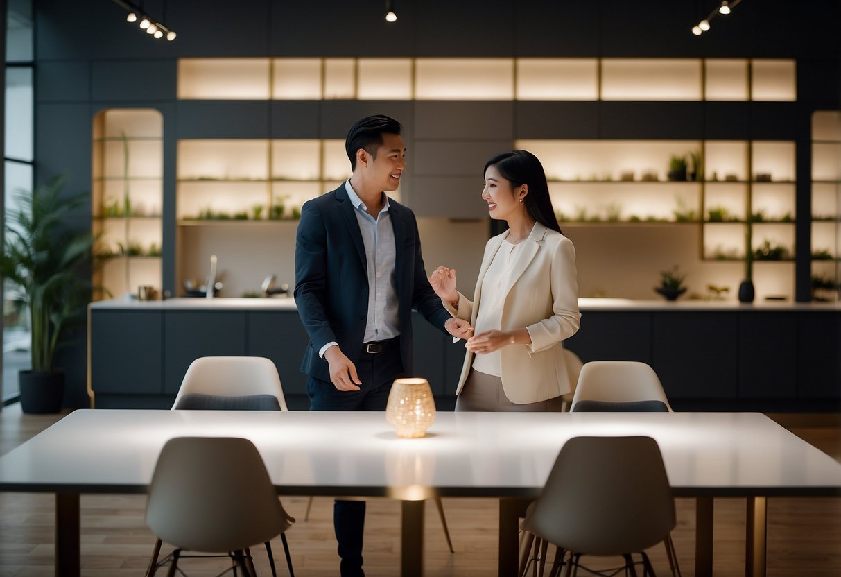 A couple stands in a spacious showroom, examining sleek, modern dining tables. The soft glow of overhead lights highlights the smooth surfaces and elegant designs. A salesperson gestures towards a stylish, yet functional table, perfectly suited for their Singapore home