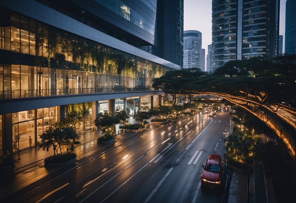 The bustling streets of one north Singapore, with modern buildings and efficient transportation systems