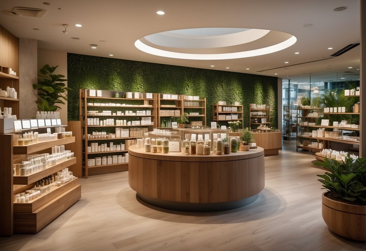 Customers browse innisfree products, surrounded by natural elements and minimalist design. The store exudes a calm and inviting atmosphere, with shelves neatly displaying skincare and beauty items