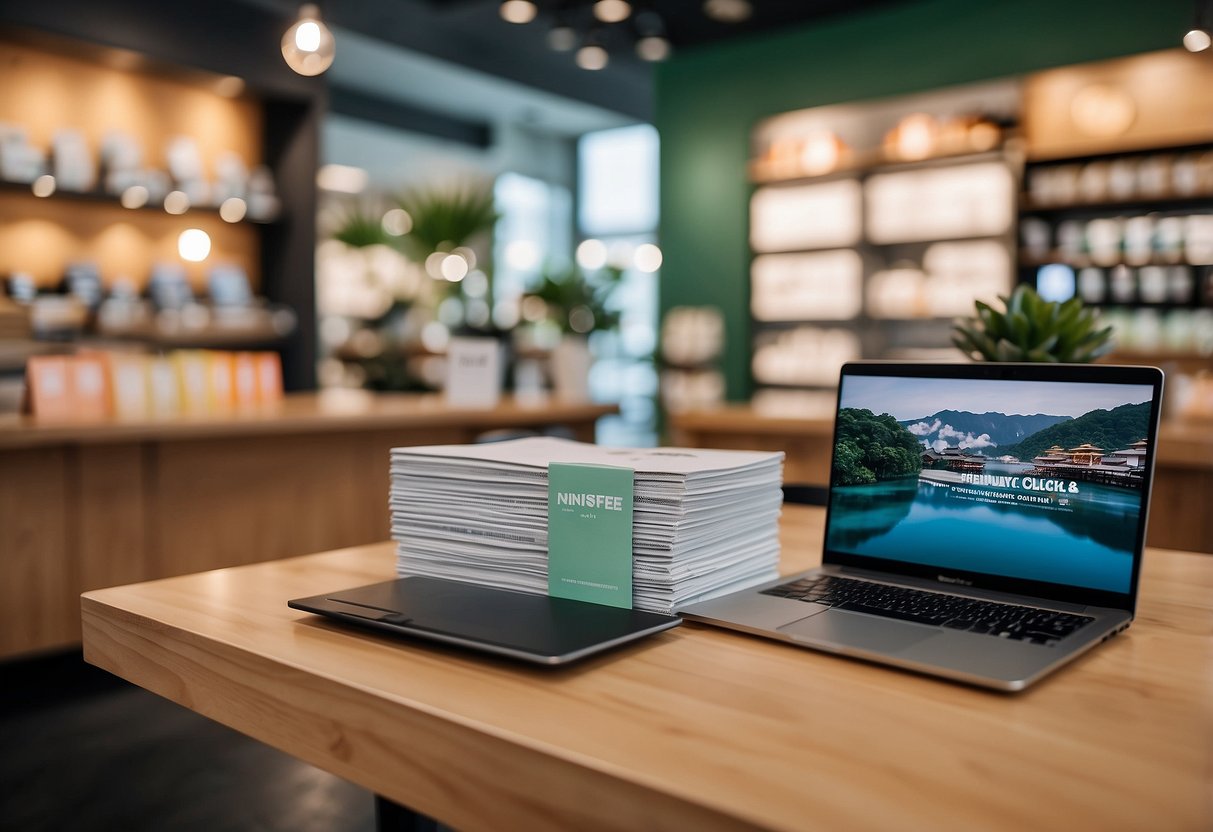 A table with a stack of brochures, a laptop, and a sign reading "Frequently Asked Questions innisfree singapore" in a bright, modern store