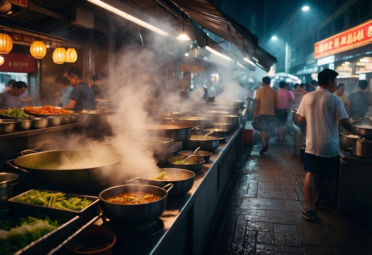 A bustling hawker center in Singapore, with steaming pots, sizzling woks, and colorful stalls serving iconic local dishes