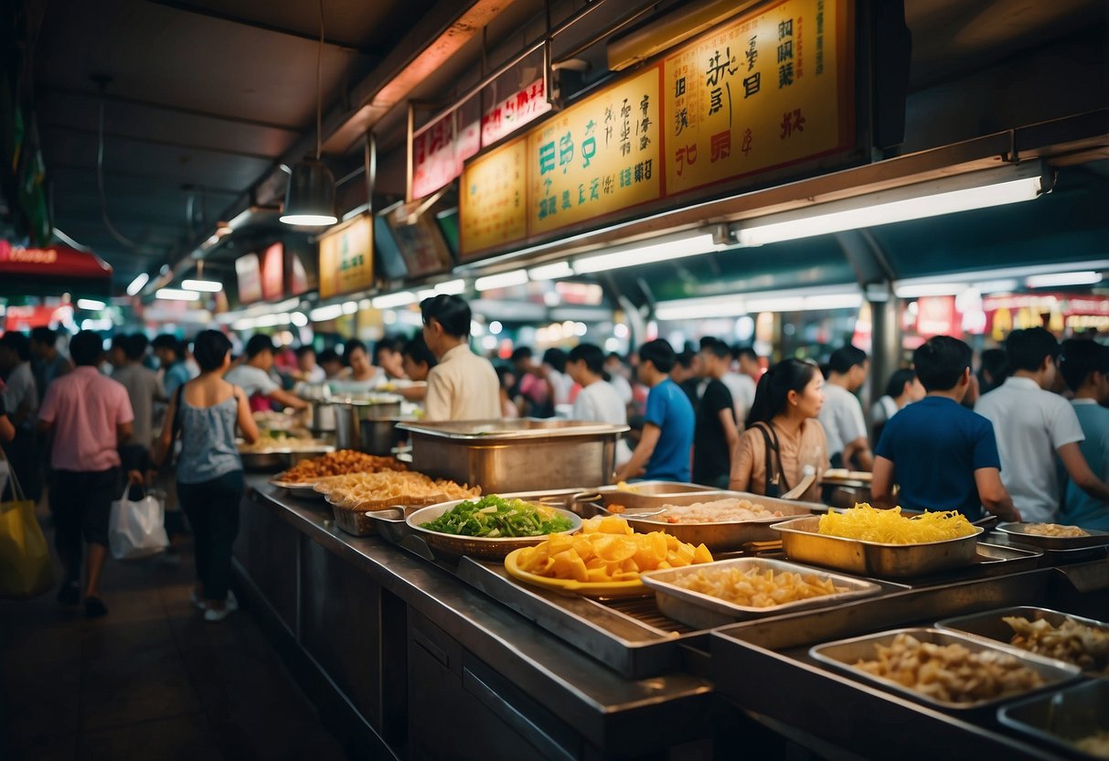 A bustling hawker centre in Singapore, with colorful food stalls, bustling crowds, and a vibrant atmosphere