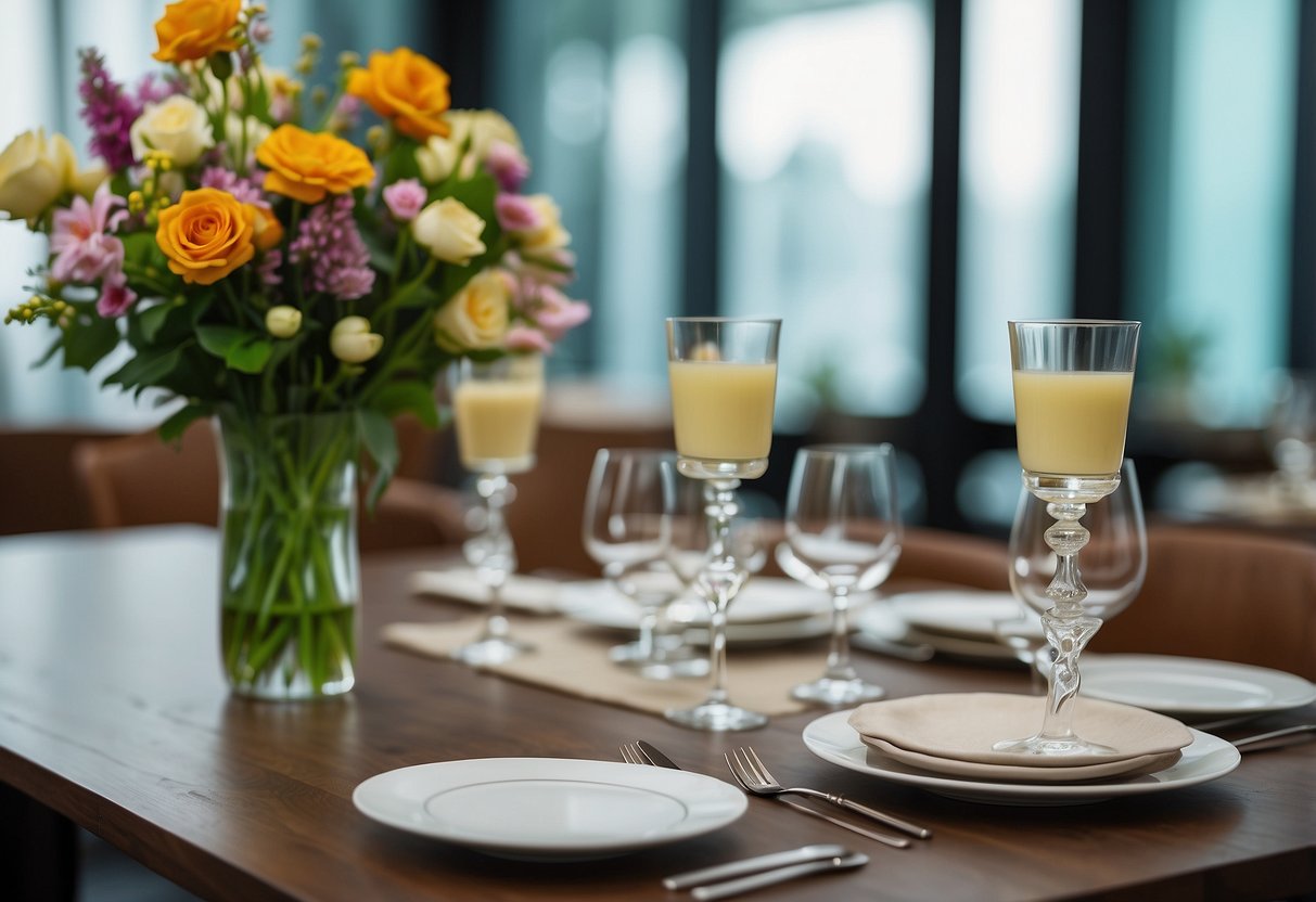 A dining table in Singapore with a stack of menus, cutlery neatly arranged, and a vase of fresh flowers as a centerpiece