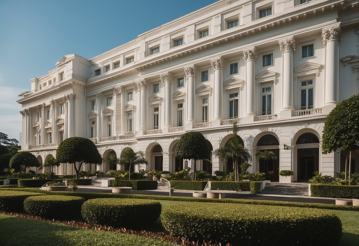 The grand facade of The St. Regis Singapore, with its iconic white columns and elegant architectural details, stands against a backdrop of lush greenery and a clear blue sky