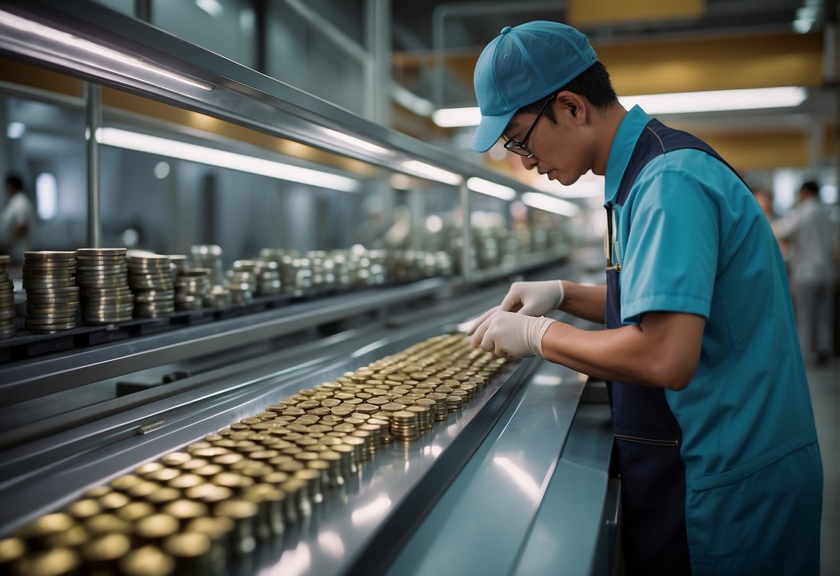 The Singapore Mint's history and operations are depicted through a modern facility with advanced machinery and skilled workers producing coins and medallions
