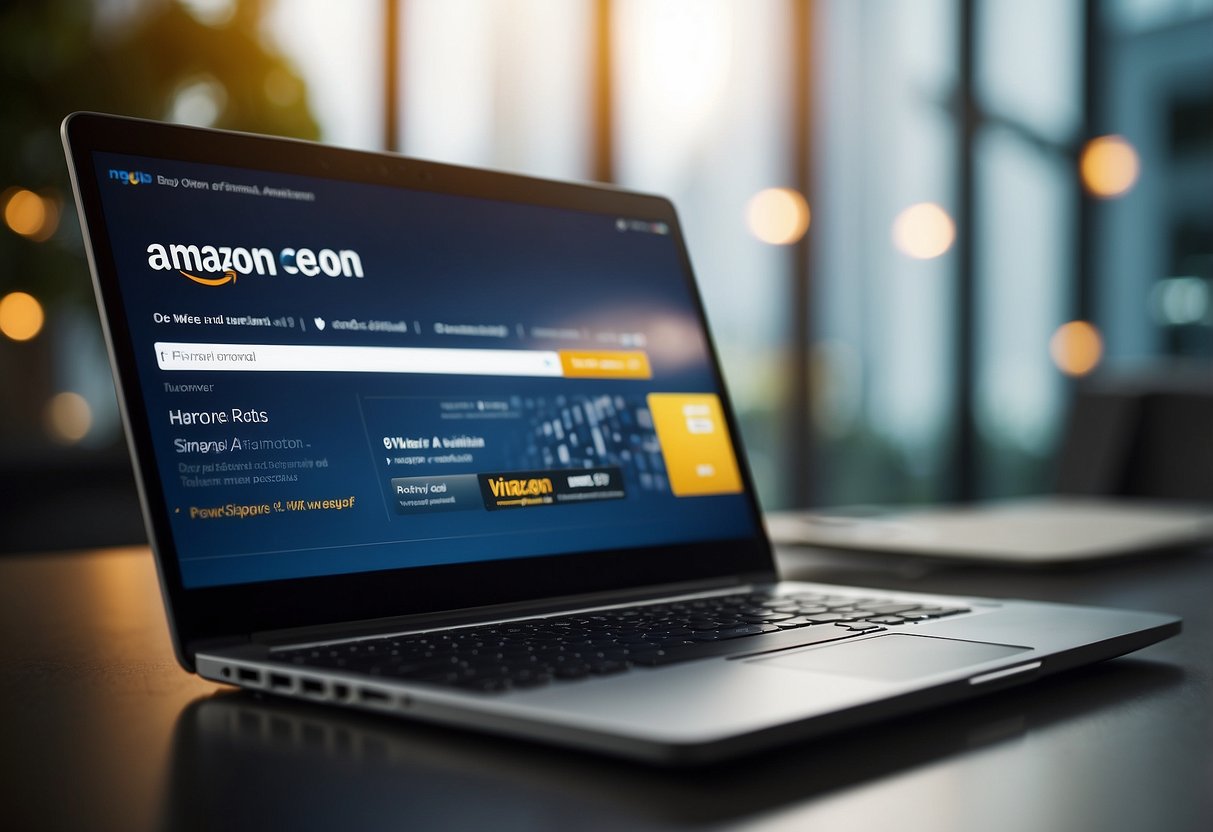 A laptop displaying the Amazon homepage with a highlighted discount code box and the Singapore flag in the background