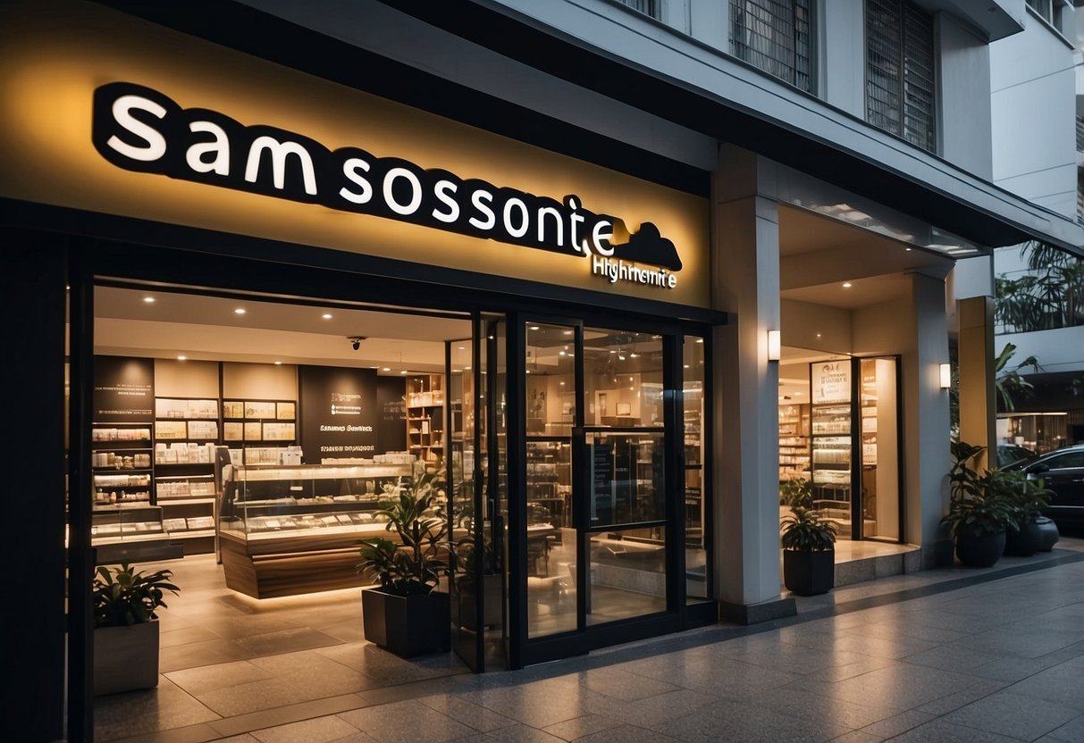 A storefront with "Samsonite Singapore" signage. Credit card and cash symbols displayed for payment options