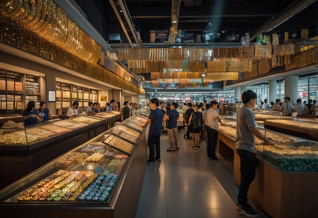 A bustling marketplace with colorful displays of coins, medals, and collectibles at the Singapore Mint. Customers browse and engage with staff, while a vibrant atmosphere fills the room