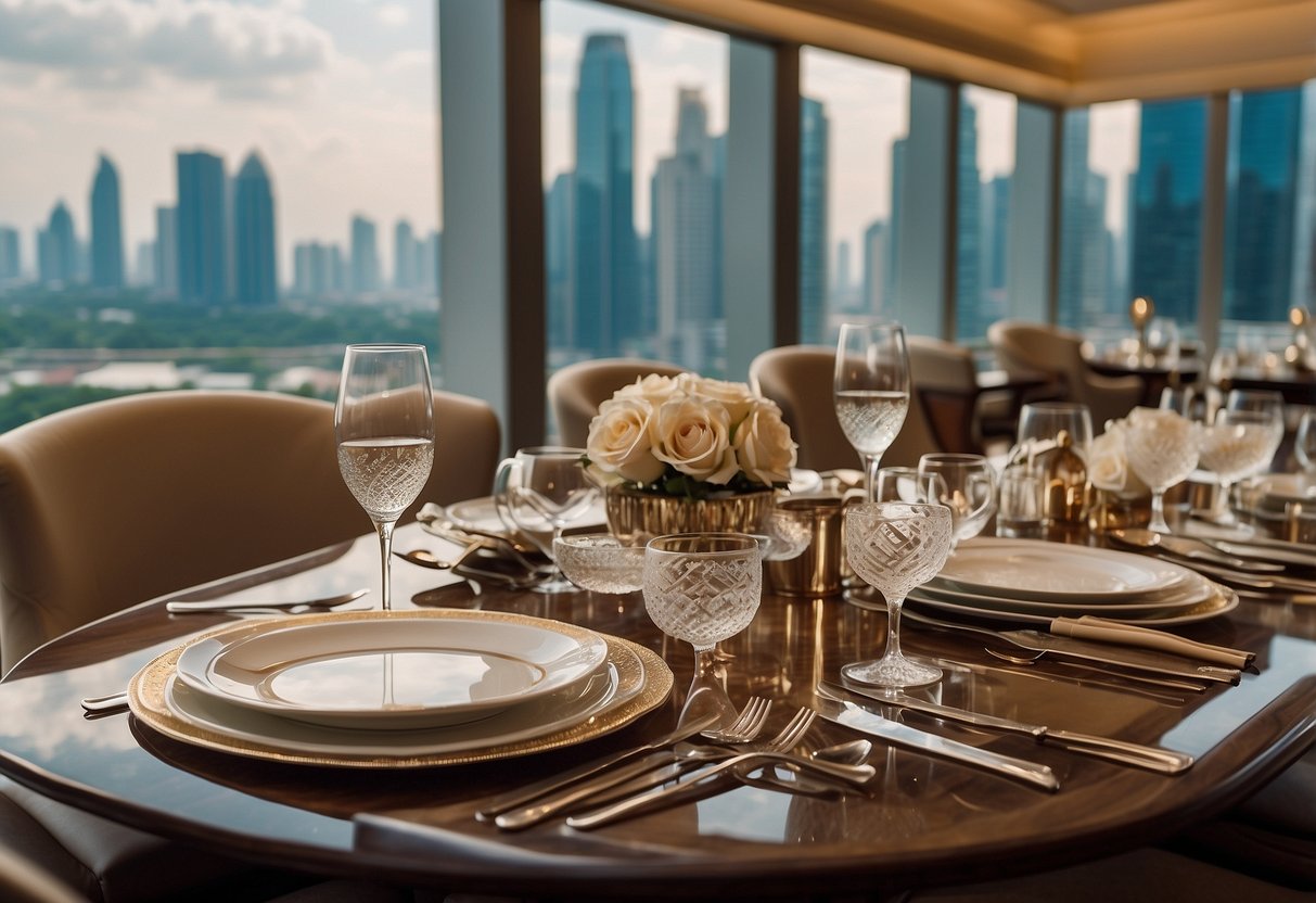 A table set with elegant dinnerware and a view of the city skyline through floor-to-ceiling windows at The St. Regis Singapore