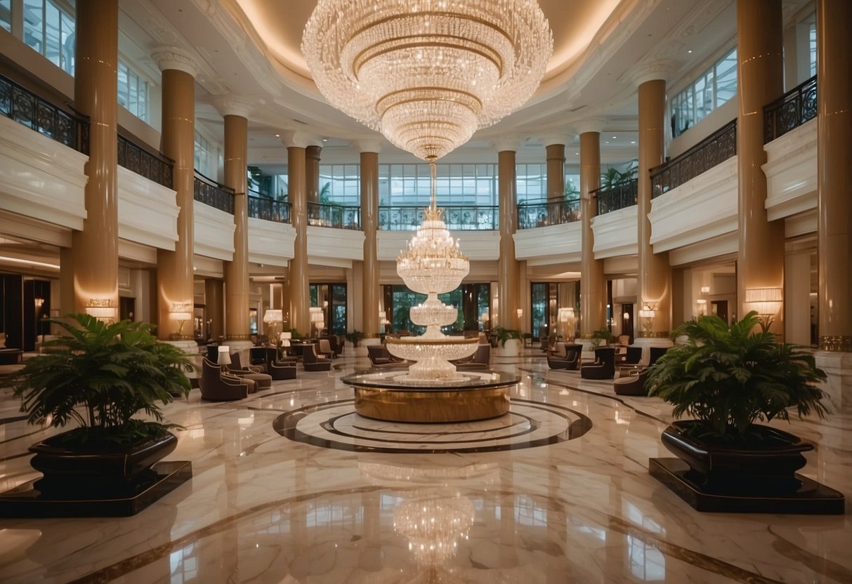 The grand lobby of the St. Regis Singapore, with its opulent chandeliers, marble floors, and elegant furnishings, exudes luxury and sophistication