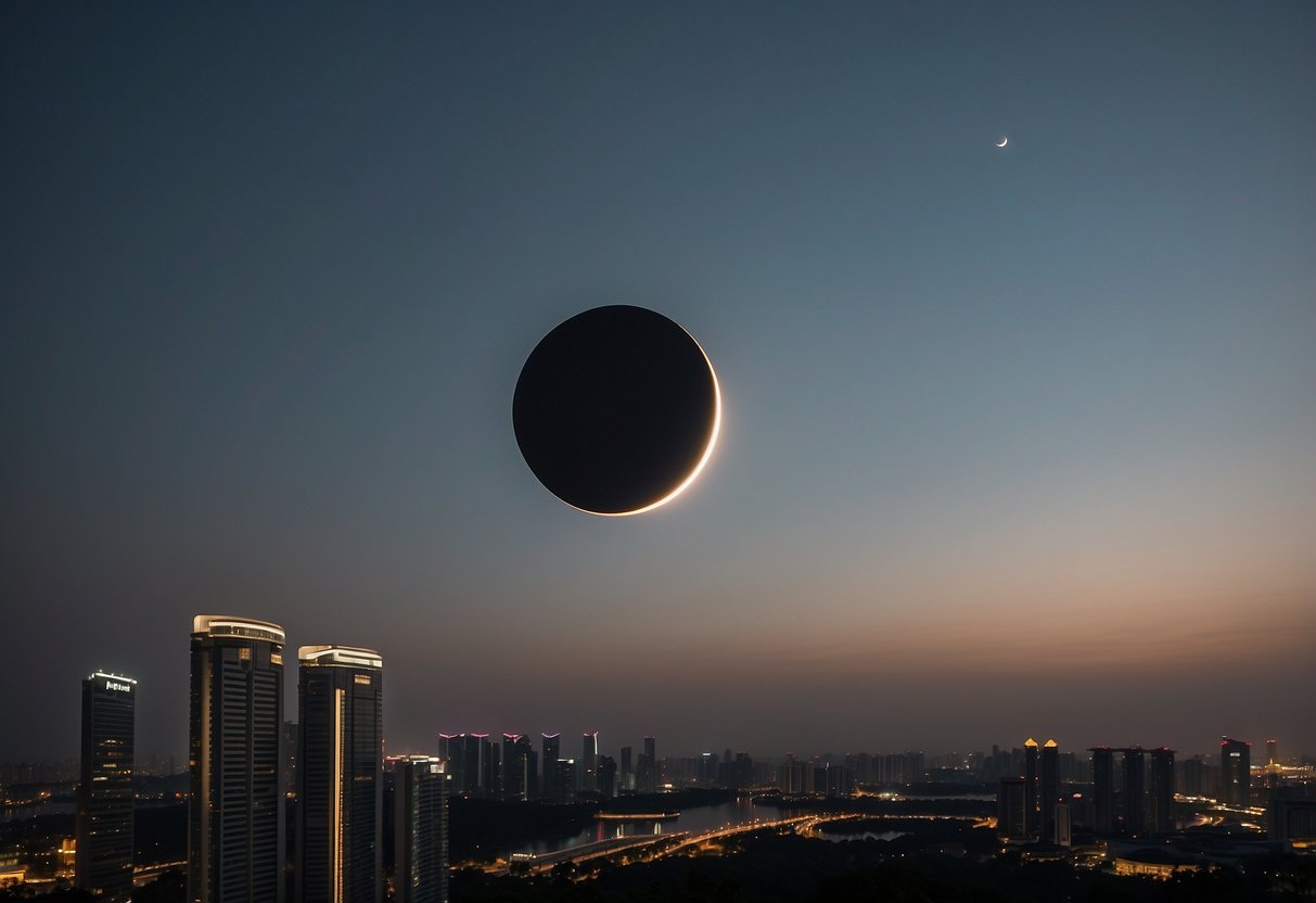 The April 20th eclipse in Singapore: a darkened sky with a partial sun obscured by the moon, casting a crescent-shaped shadow over the cityscape