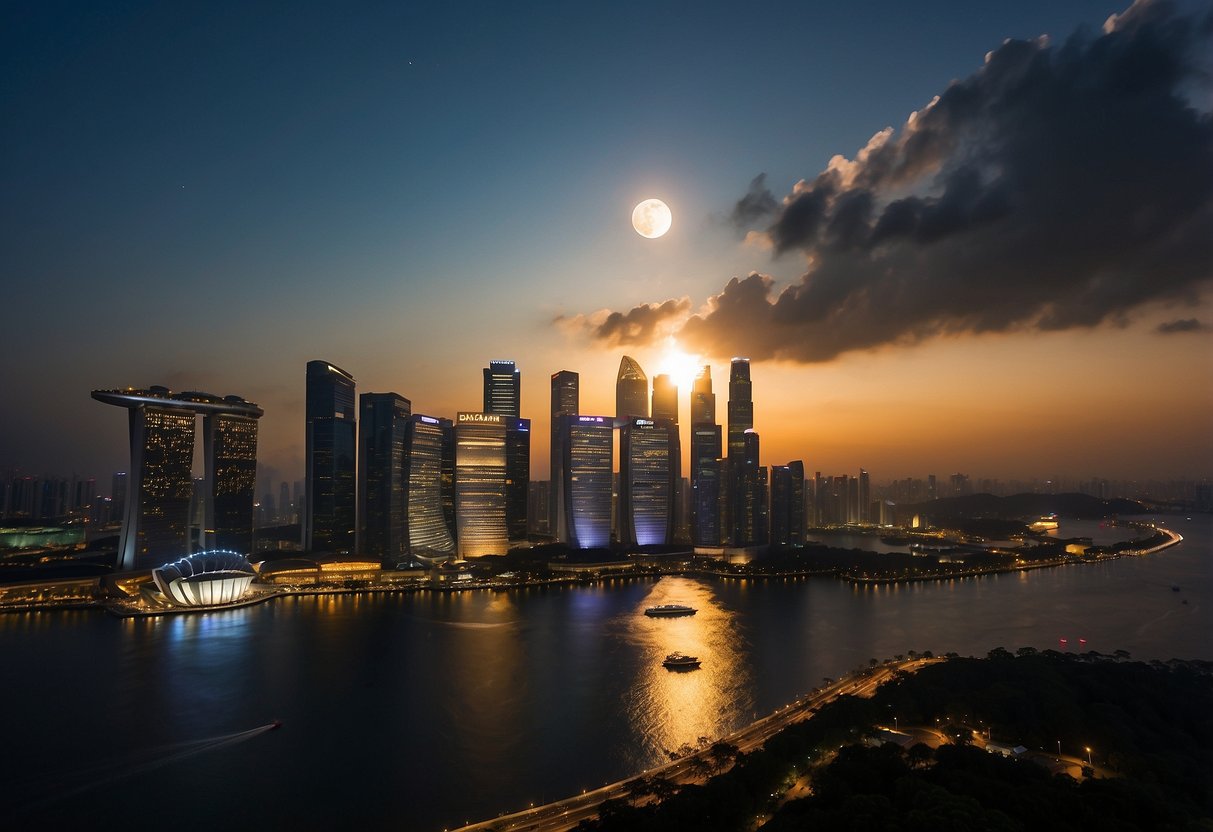 The sun and moon align on April 20th, casting a shadow over Singapore. The sky darkens as the eclipse unfolds, creating a mesmerizing celestial spectacle