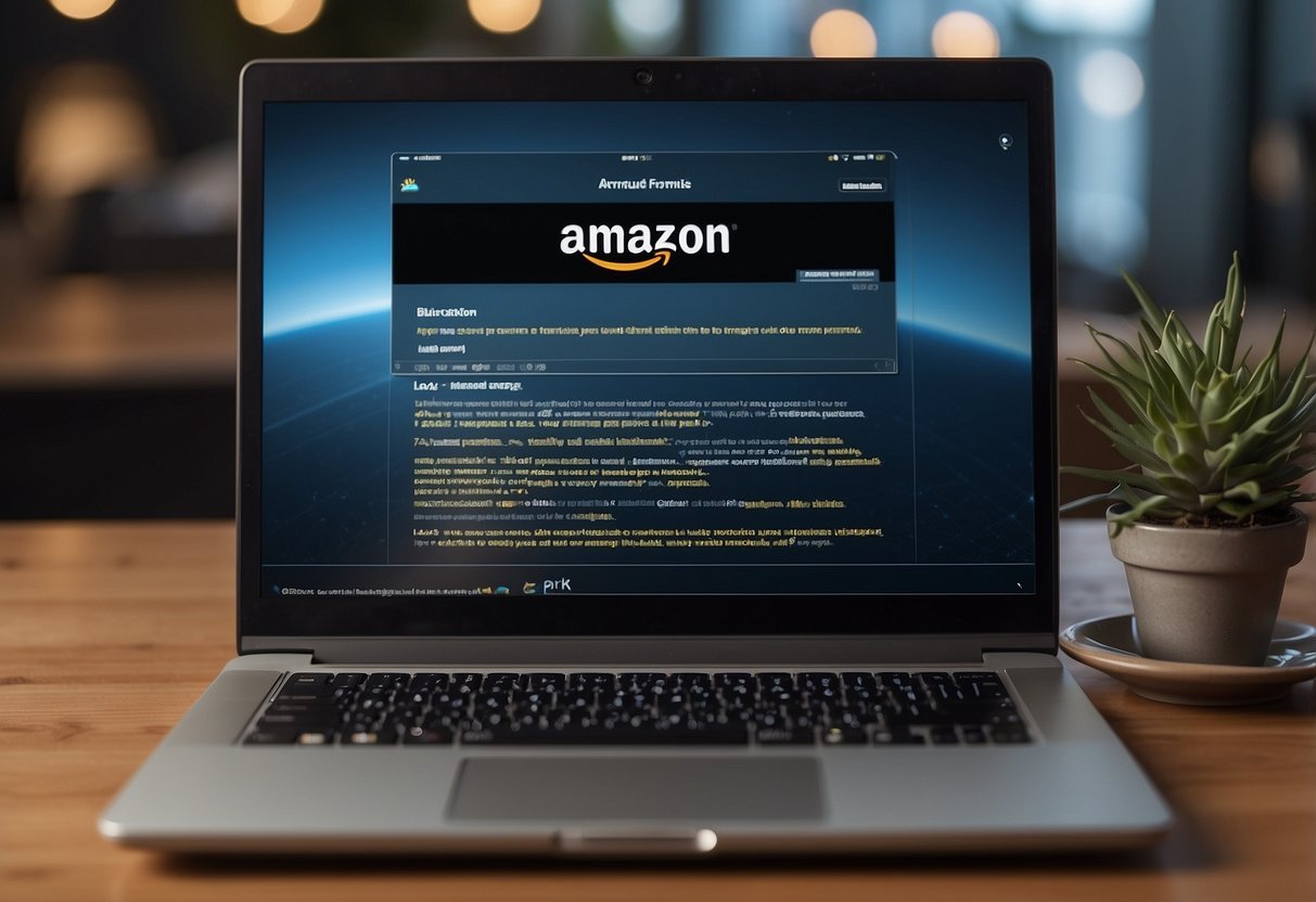 Customers browsing FAQ page on a laptop, with Amazon logo in background