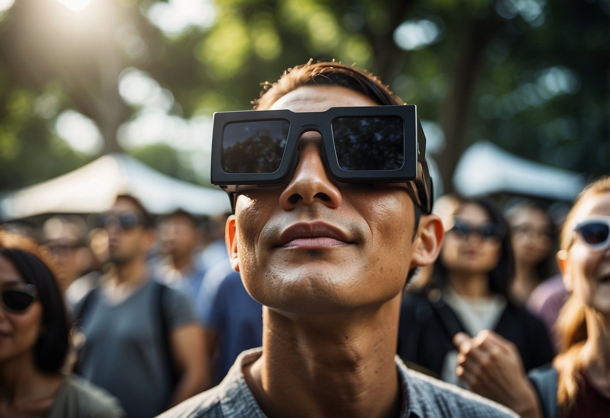 A person wearing eclipse glasses looks up at the sun, while others gather around telescopes and viewing stations at an outdoor event in Singapore on April 20th