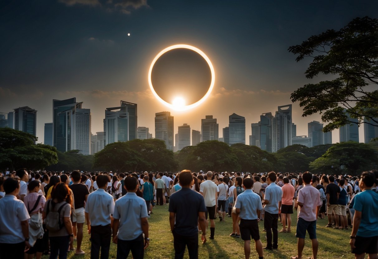 The April 20th eclipse in Singapore, with a crowd of onlookers gazing up at the sky, as the moon partially covers the sun