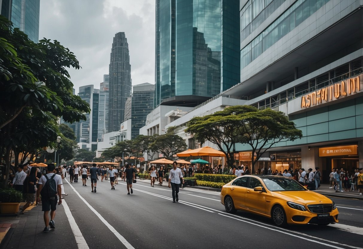 The bustling streets of Astons Singapore, with colorful shopfronts and bustling crowds, set against the backdrop of modern skyscrapers
