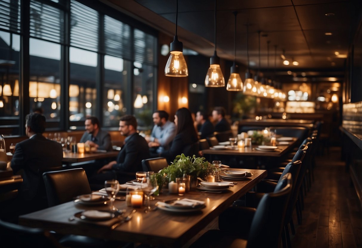 A busy restaurant with modern decor, dim lighting, and cozy seating. Plates of sizzling steaks and sides are being served by attentive staff