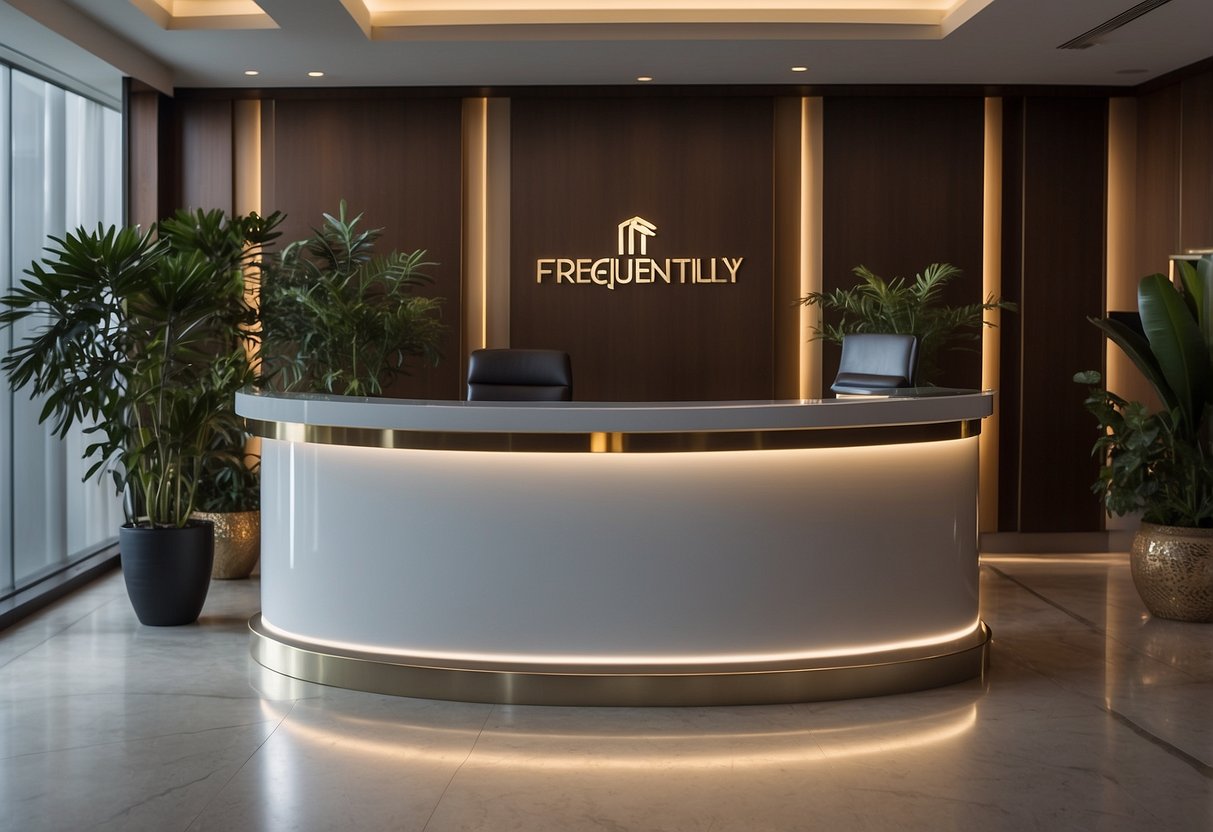 An elegant hotel lobby with a sleek reception desk and modern decor. A sign reading "Frequently Asked Questions" hangs prominently