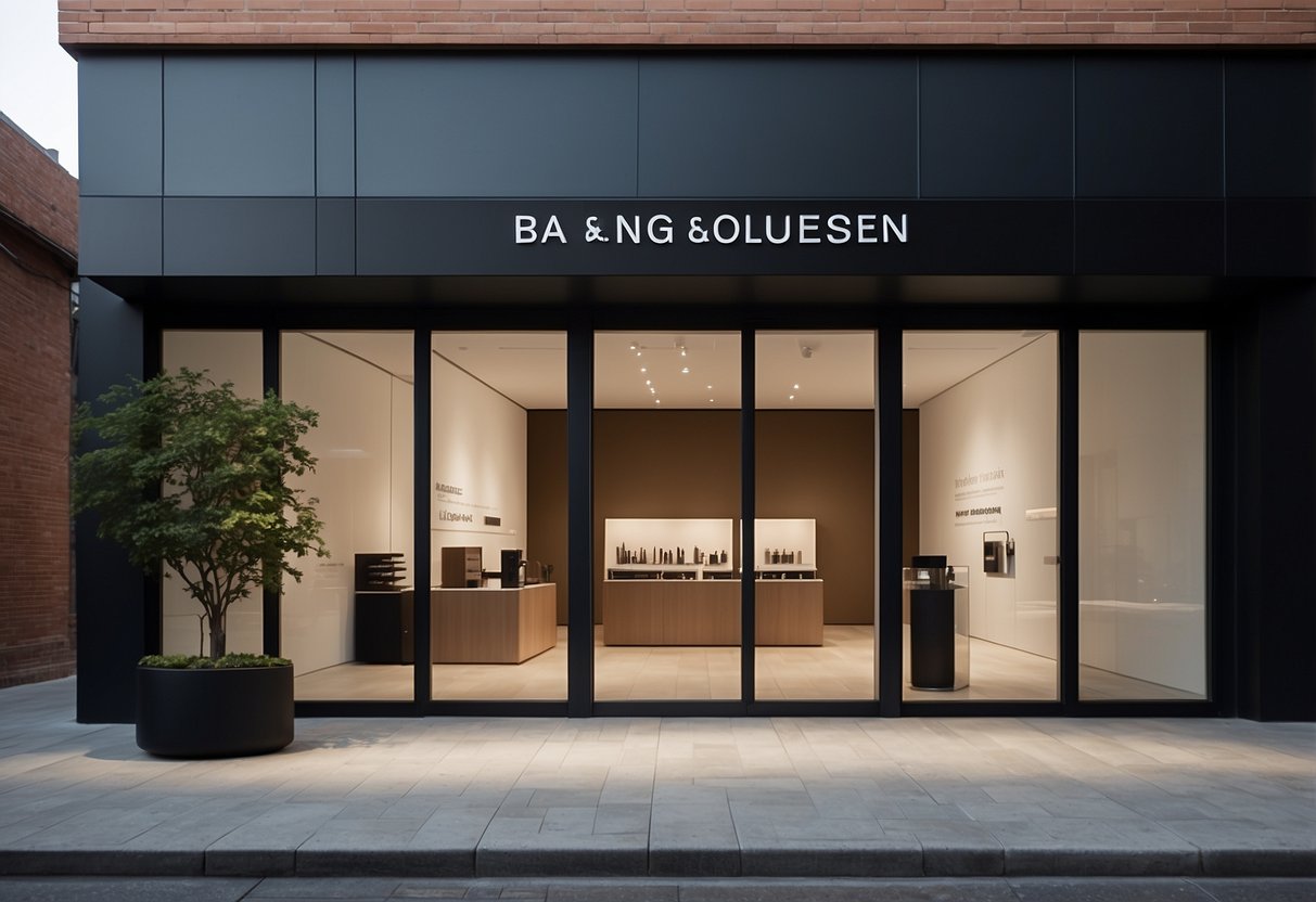 A sleek, modern storefront with the Bang & Olufsen logo prominently displayed. Clean lines and minimalist design draw the eye