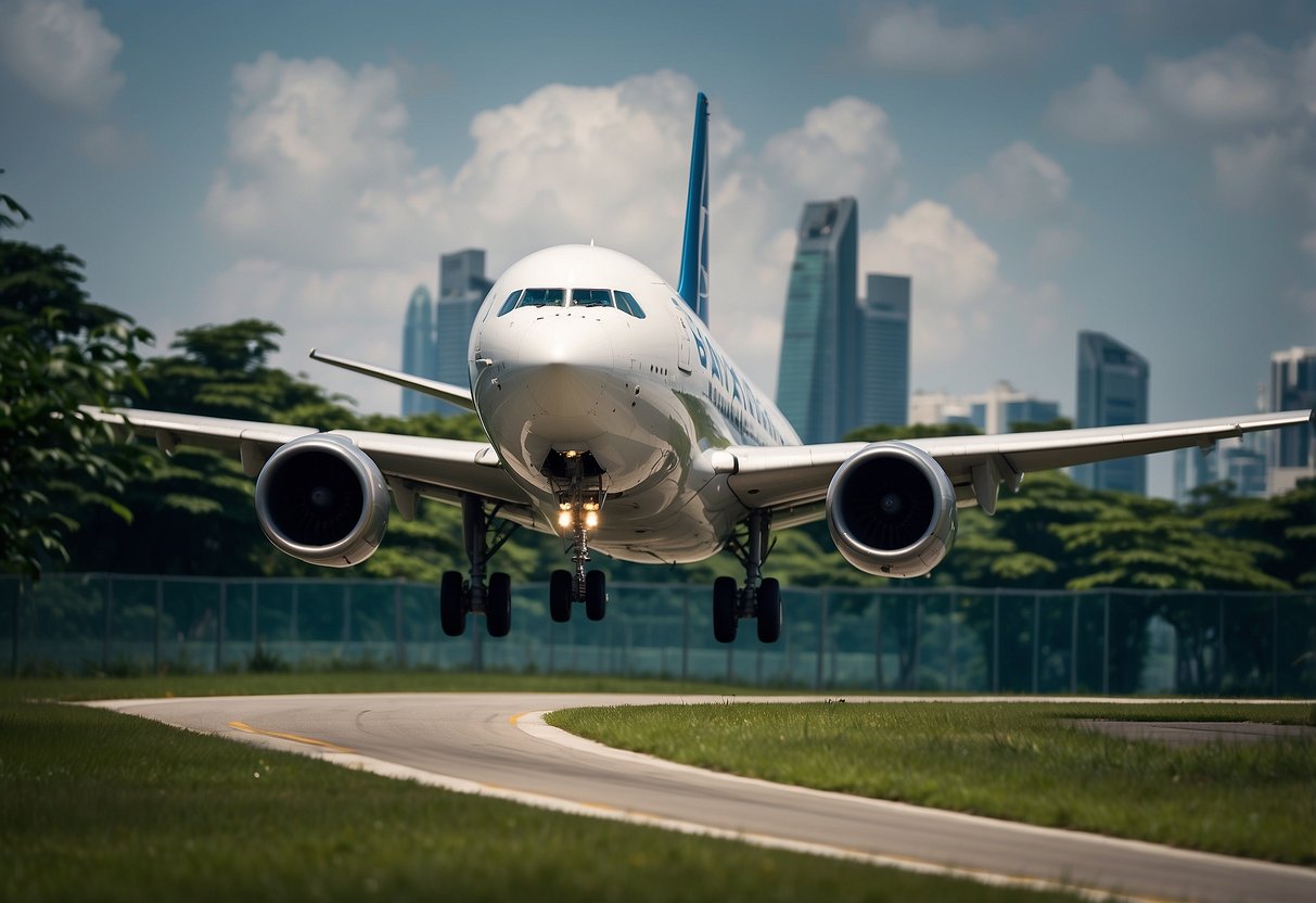 A vibrant Ana Airline plane takes off from Singapore airport, surrounded by skyscrapers and lush greenery