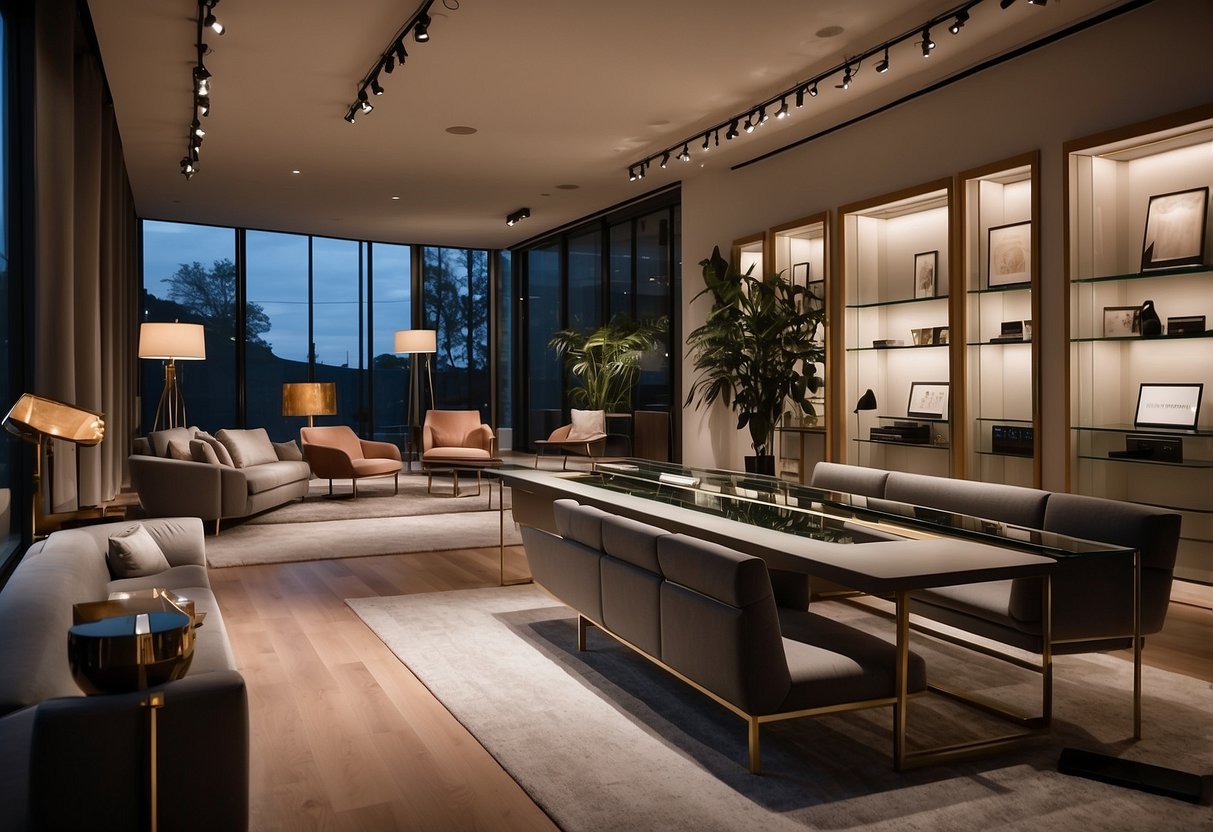 A luxurious showroom with sleek, modern Bang and Olufsen products on display. Soft lighting highlights exclusive services and offers