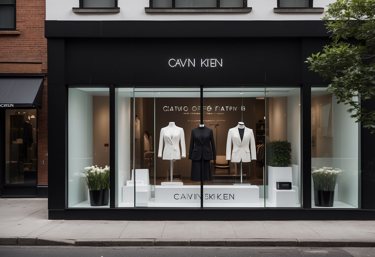 A sleek, minimalist storefront with bold Calvin Klein branding and modern window displays showcasing apparel and accessories