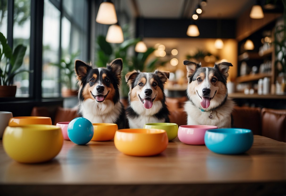 Dogs play in a cozy cafe in Singapore, surrounded by colorful dog toys and bowls of water. Customers smile as they sip their drinks and pet the furry guests