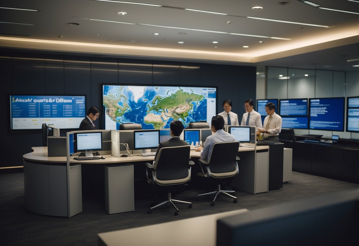 Passengers at ANA airline's Singapore office, discussing and planning their journey with staff. Maps and brochures on the desk