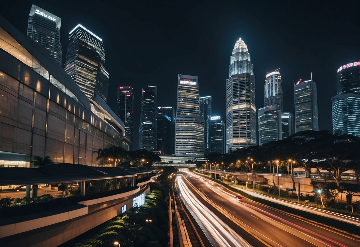 The bustling streets of Singapore's financial district with towering skyscrapers and vibrant city lights