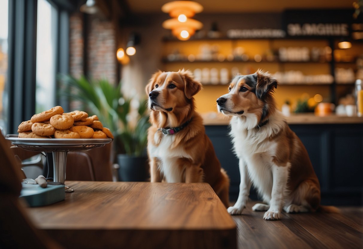 Dogs roam freely in a vibrant, cozy cafe setting, with colorful dog-friendly decor and an array of treats and toys