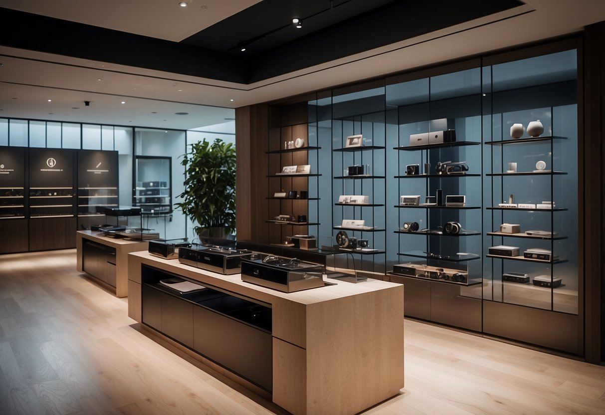 A sleek Bang & Olufsen store in Singapore, with modern decor and high-tech products on display