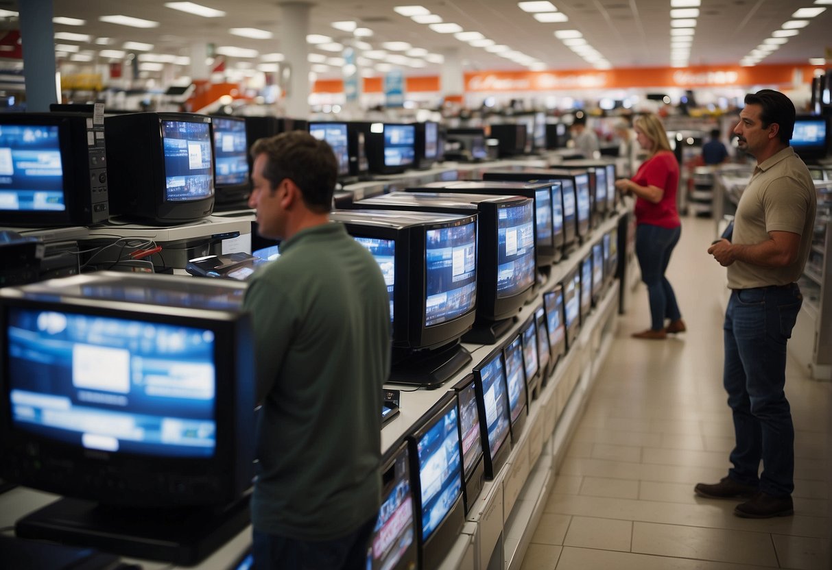 A bustling electronics store with rows of shiny appliances, bright displays, and customers browsing. A salesperson assists a customer with a large TV