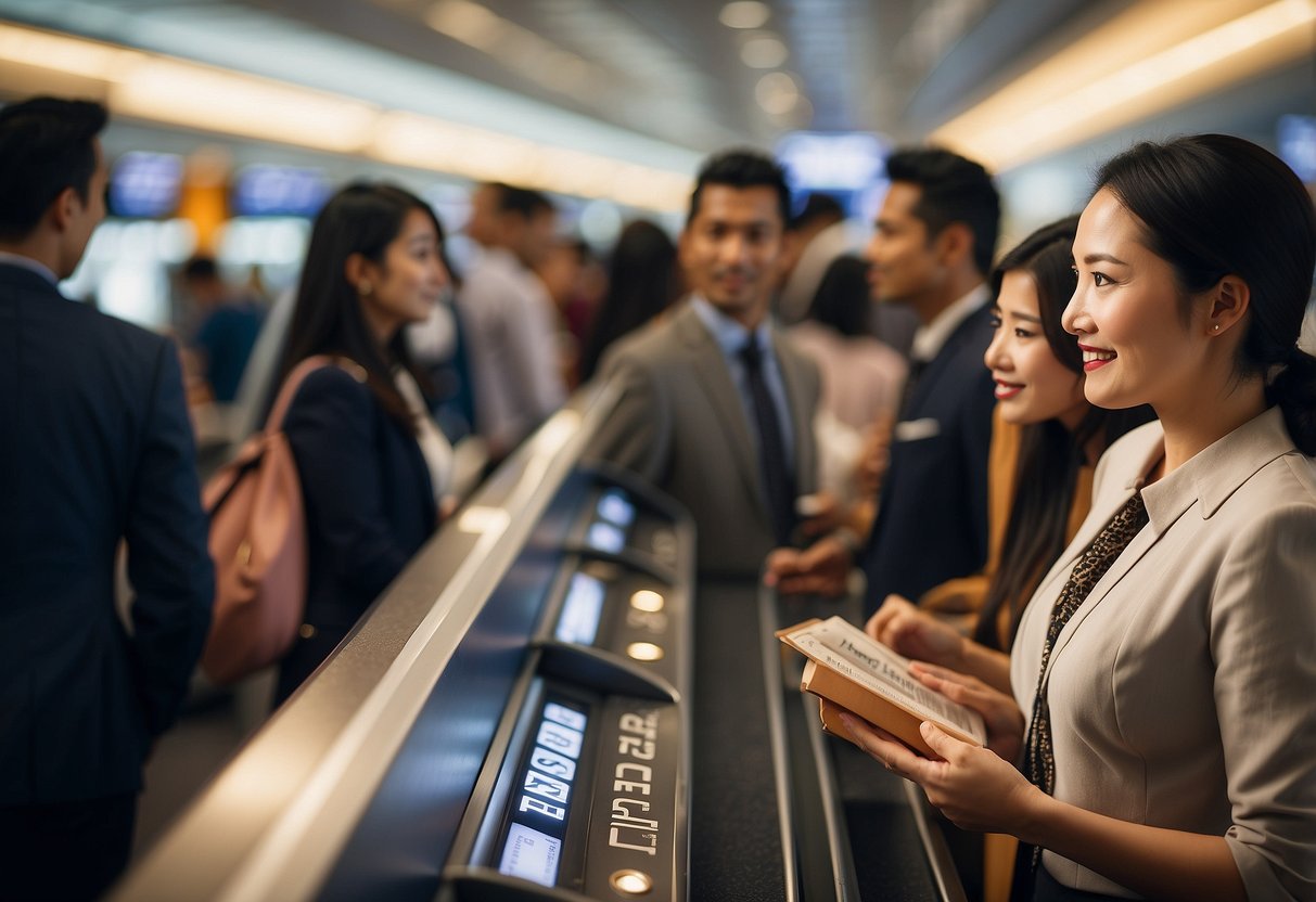 Passengers at an airline counter, reading a "Frequently Asked Questions" board. A Singapore Airlines logo is visible in the background