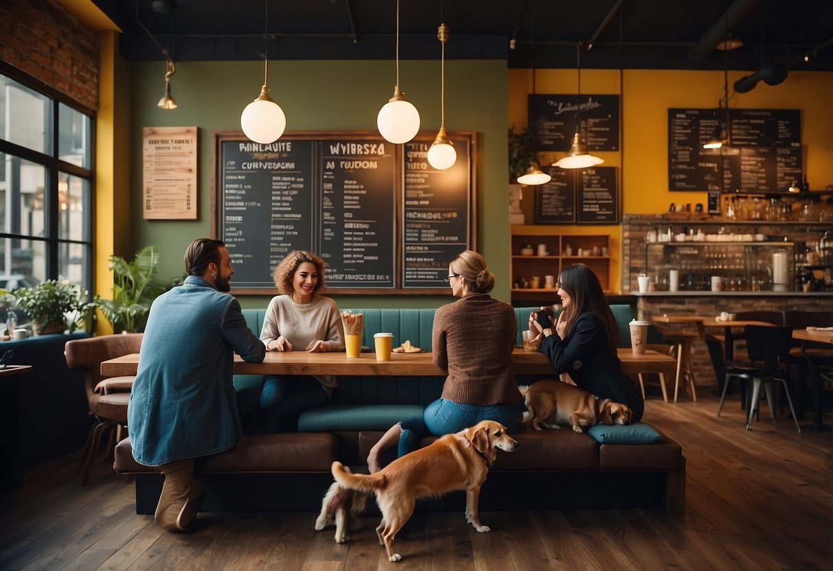 Customers and dogs mingle in a cozy cafe setting, with colorful dog-themed decor and a menu board featuring treats for both humans and their furry companions