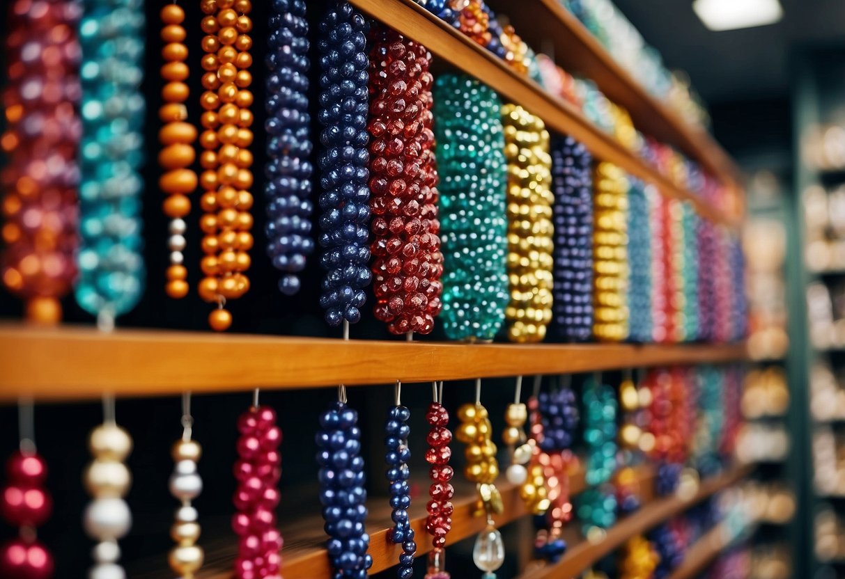 Colorful beads displayed on shelves in a Singapore bead shop