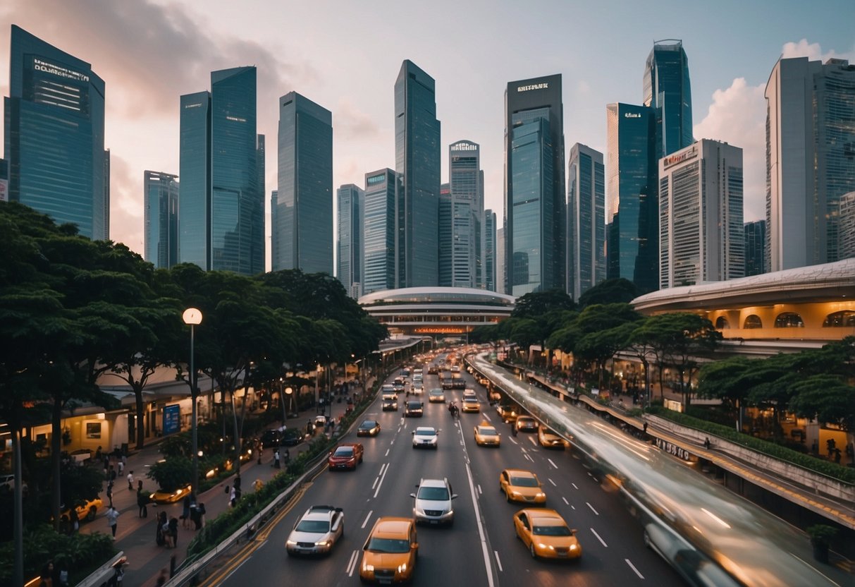 A bustling cityscape in Singapore with skyscrapers, street vendors, and bustling traffic. The skyline is filled with modern buildings and the streets are alive with people and activity