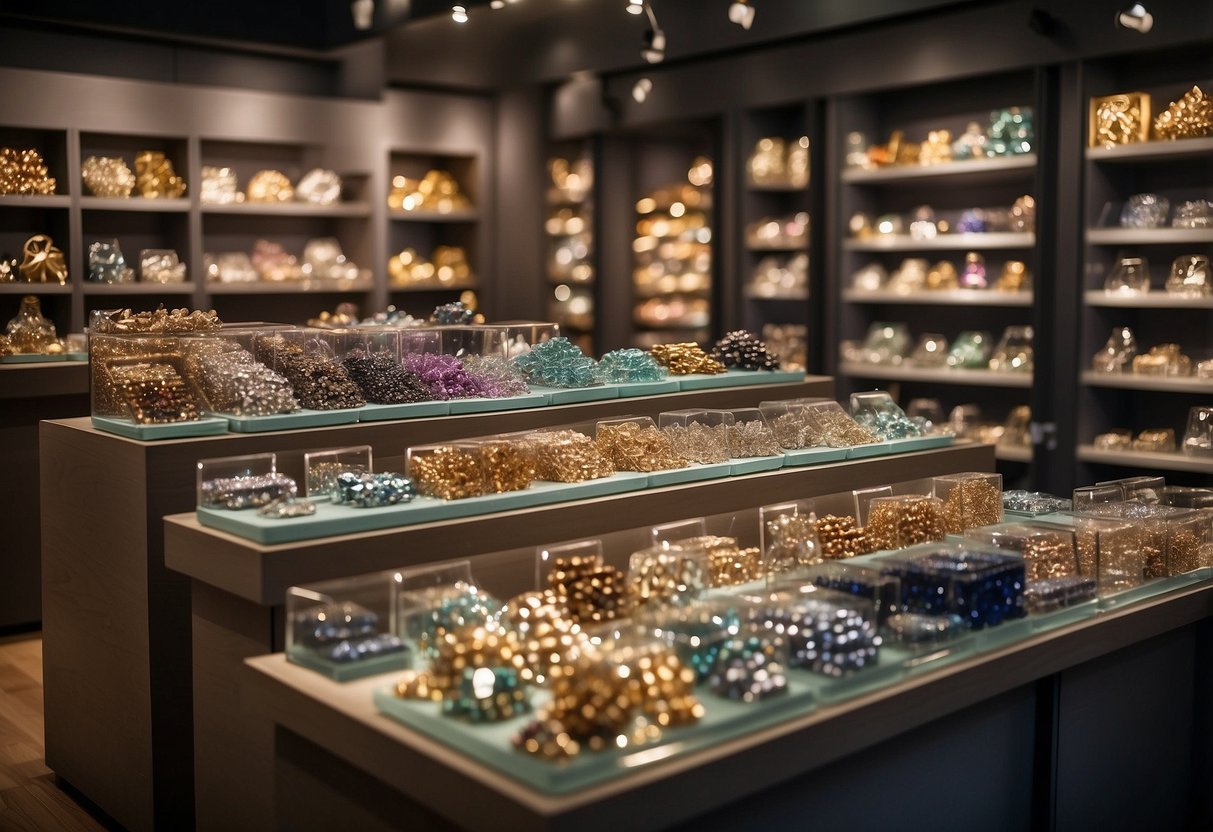 Customers browse colorful beads and shiny jewellery findings in a well-lit shop in Singapore. Shelves are neatly organized with a wide variety of materials for creating unique and beautiful accessories