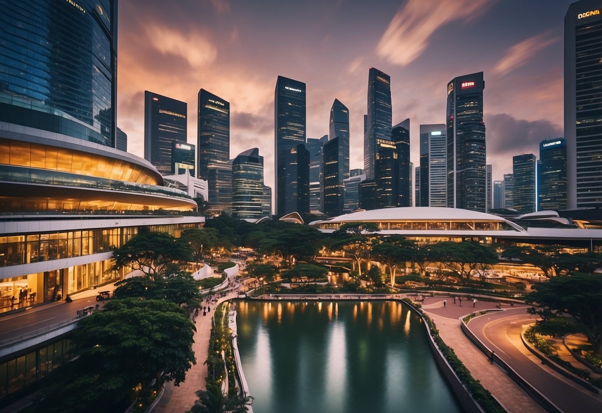 A bustling cityscape with prominent signage reading "Frequently Asked Questions" in the vibrant city of Singapore