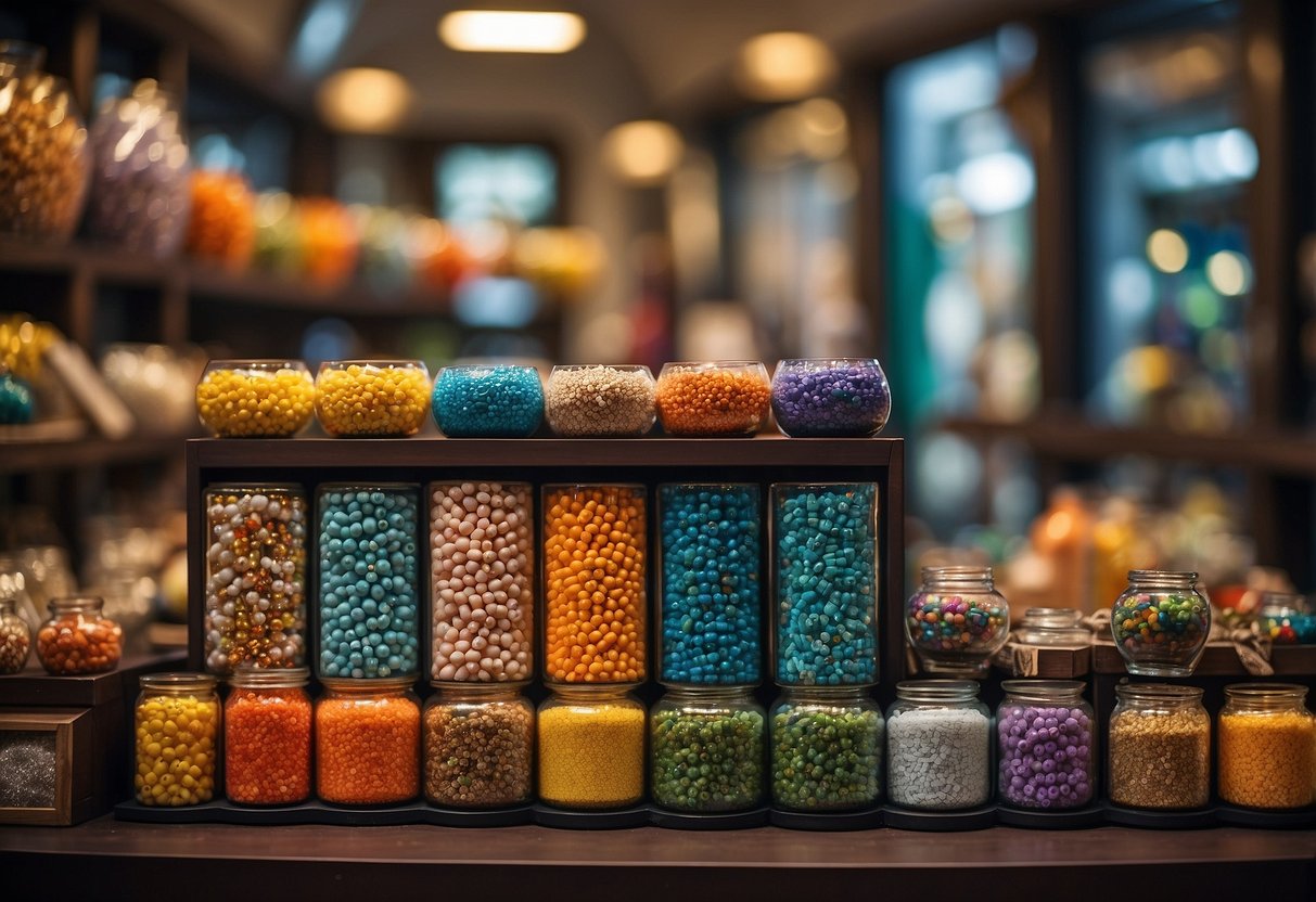 A colorful beads shop in Singapore, with neatly arranged shelves and a variety of beads in different shapes and sizes. Bright lighting and a welcoming atmosphere