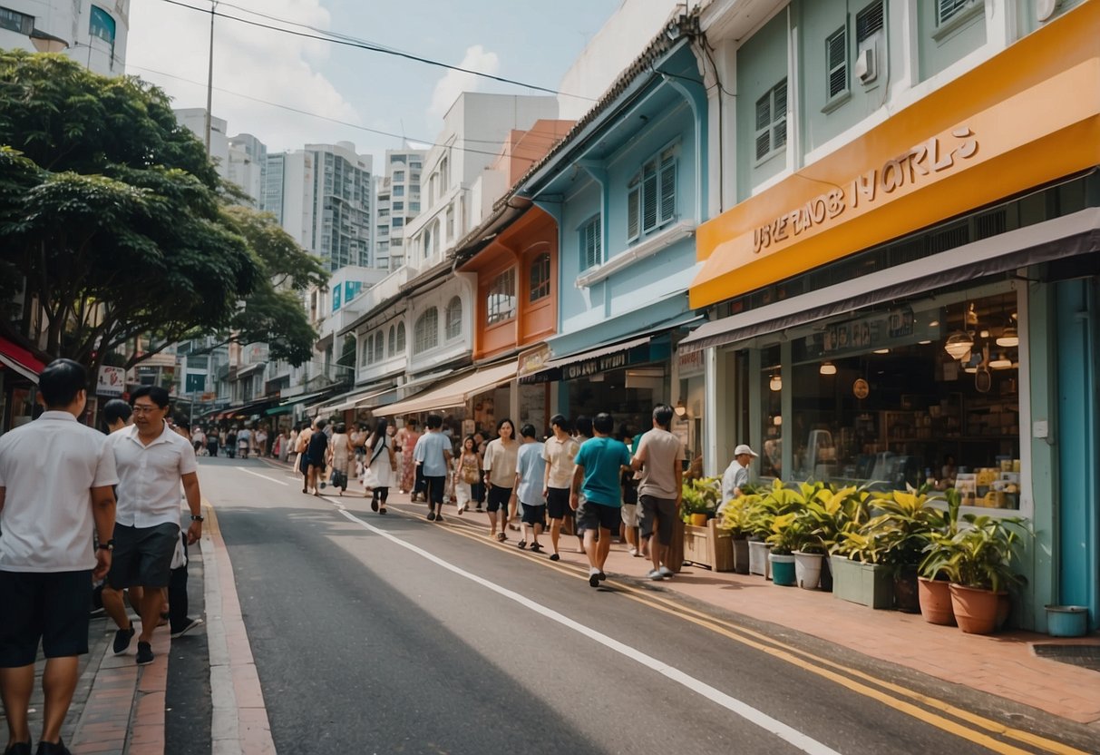 A bustling street in Bideford Road, Singapore with colorful shopfronts and bustling activity