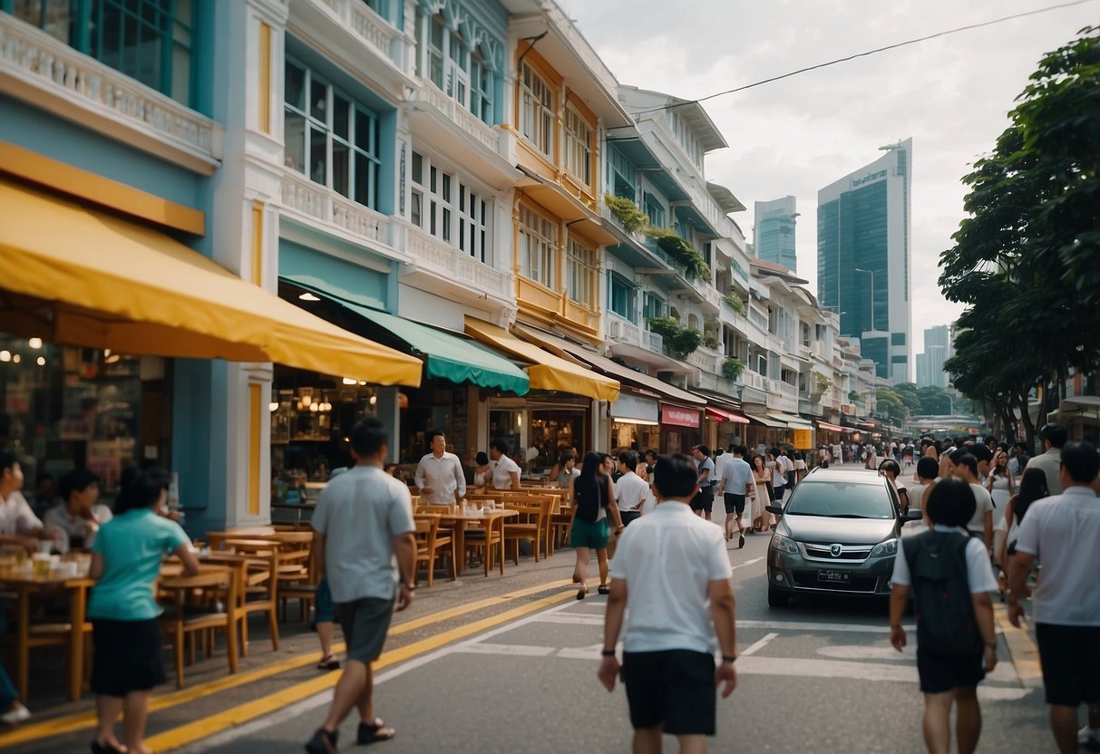 A bustling street in Singapore, Bideford Road is lined with colorful shops and restaurants, with people walking and cars driving along the busy road